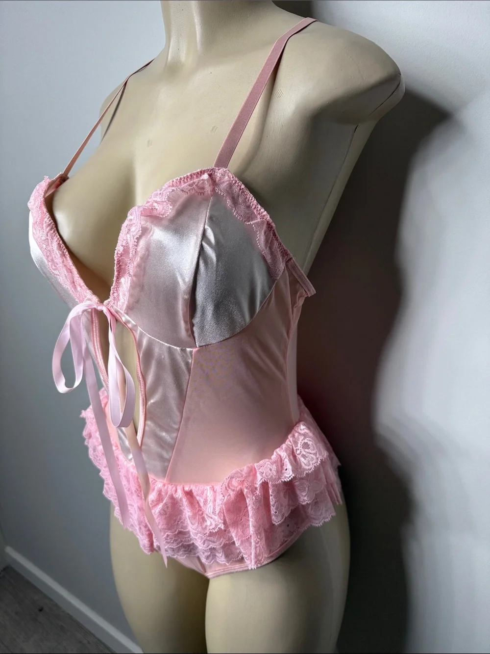 Delicate Pink Satin & Lace Teddy Bodysuit